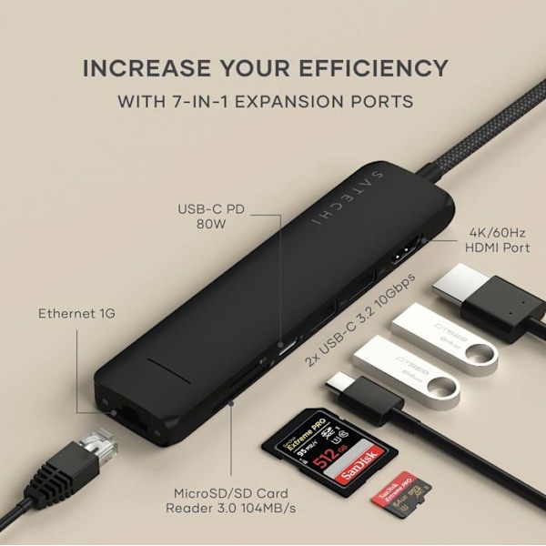 USB-C Multiport Hub 7-i-1 - Satechi - Svart - Ethernet 1Gbit - Power Delivery 100W - HDMI 4K