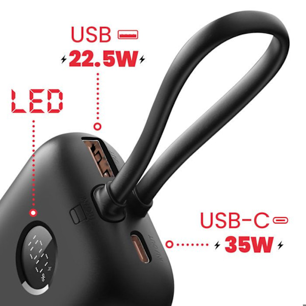 Batteri Ekstern 10000mAh Indbyggede USB-C og Lightning Kabler LED Skærm Swissten Sort Svart