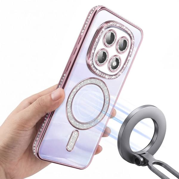 Cover til Redmi Note 15 Kompatibel med MagSafe med Rosa Rhinestone Kant Ros