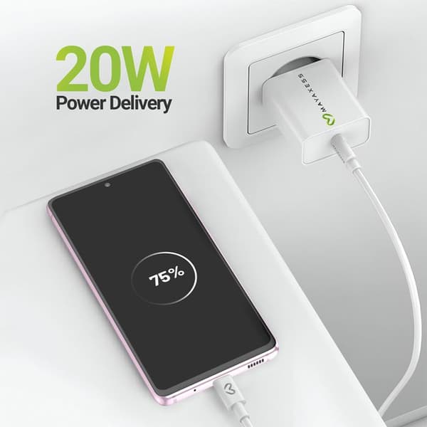Lader til Galaxy S20 Fe 20W + USB-C kabel 1m Mayaxess Hvid Vit