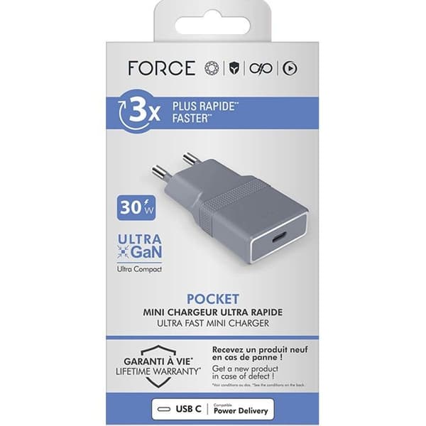 USB C-j charger - FORCE POWER - Pocket 30W - Power Delivery - UltraGaN - Grå Grå
