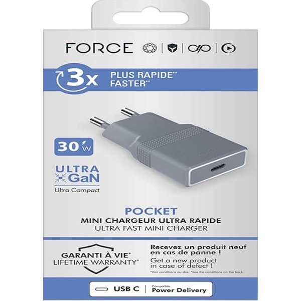 USB C smartphone oplader Pocket 30W Power Delivery UltraGaN Grå