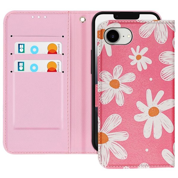 Fodral för iPhone 16e Margueritmönster med handledsrem och kortficka Fuchsia Rosa