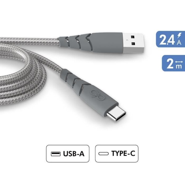 Ultra-forstærket USB A/USB C-kabel 2m 3A Livstidsgaranti Grå - 100 % genbrugsplast Force Power