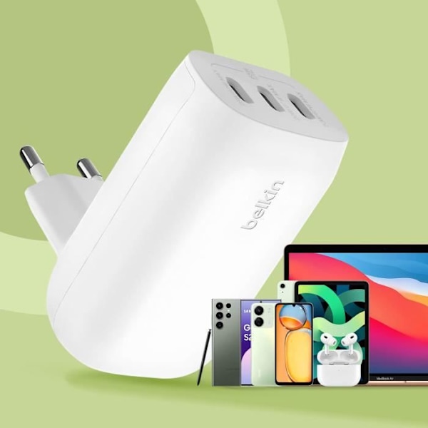 Laddare 67W 3 USB-C portar Power Delivery Kompakt Design Belkin Vit Vit