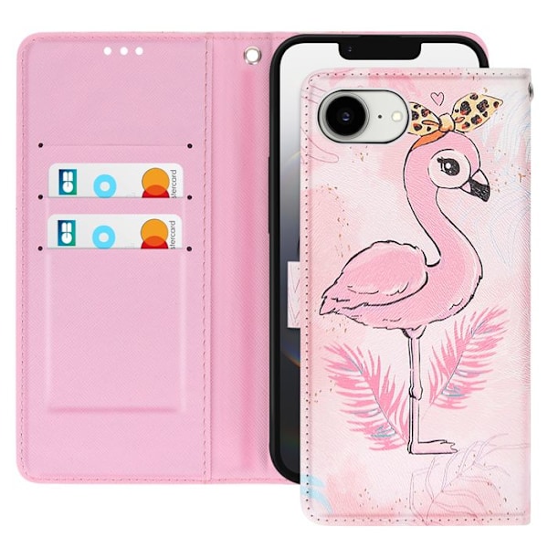 iPhone 16:lle suunniteltu flamingokuviollinen kuori, jossa on hihna ja vaaleanpunainen korttitasku Rosa