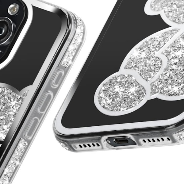 Teddy Bear Cover til iPhone 16 Pro Rhinestone Pattern Shiny Outline Silver Grå