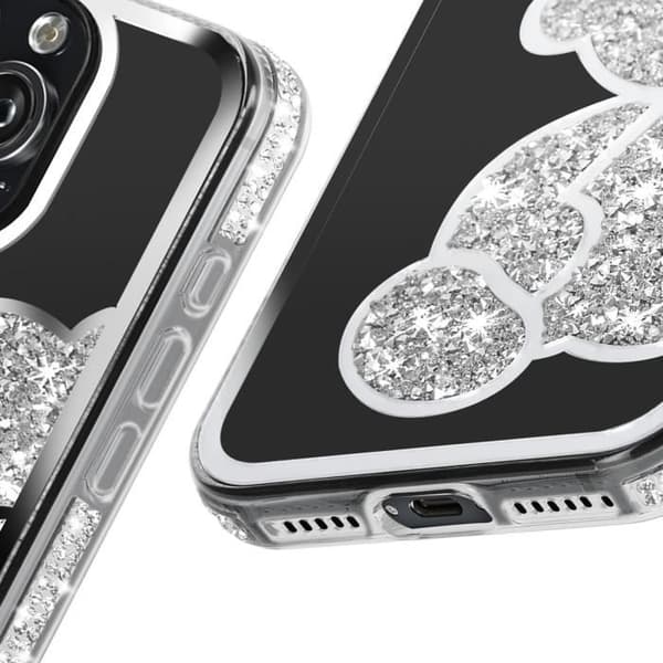 Teddybjörnfodral för iPhone 16 Pro Rhinestone Mönster Shiny Outline Silver Grå
