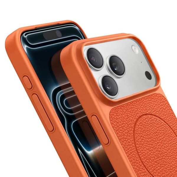 MagSafe-cover til iPhone 17 Pro, Bi-Materiale, Stødabsorberende, Lædertekstur, Orange Apelsin