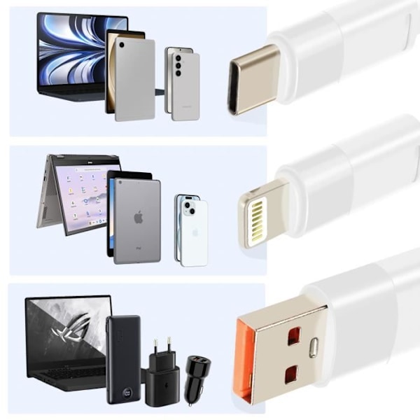 USB till Lightning + 2 USB-C-kabel - LINQ - 60W snabbladdning - Längd 1,2m - Vit Vit