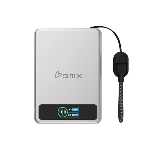 MagSafe Extern Batteri SolidSafe 5000mAh Qi2 15W med LCD-skärm och USB-C-kabel BMX Silver Grå