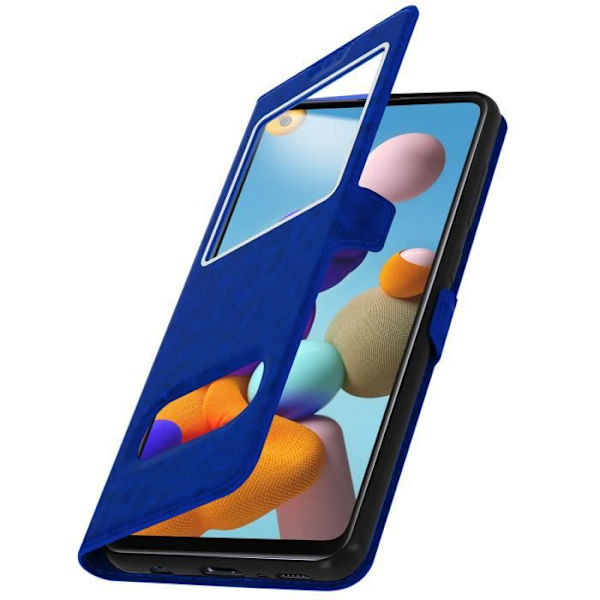 Hus - Samsung - Galaxy A21s - Helfodral - Dubbel Fönster - Video Stativ - Blå Blå