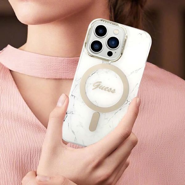 Pakke til iPhone 14 Pro Marble Cover og Guess 15W MagSafe Oplader Hvid Vit