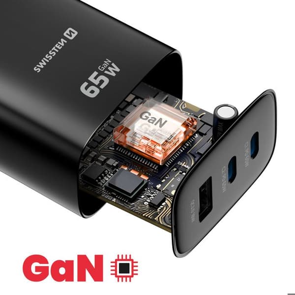 Lader 2 USB-C 65W Power Delivery og USB-A Quick Charge 3.0 18W Swissten Sort Svart