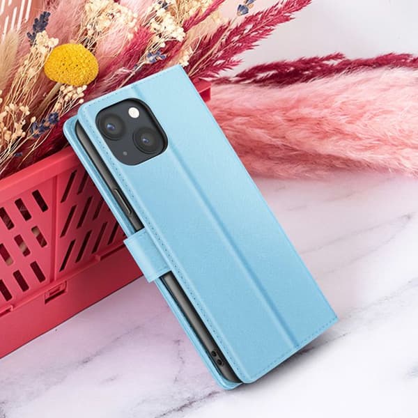 Læder Wallet - ZANAÉ - iPhone 13 Mini - Vandret Støtte - Magnetlukning - Lys Blå Blå