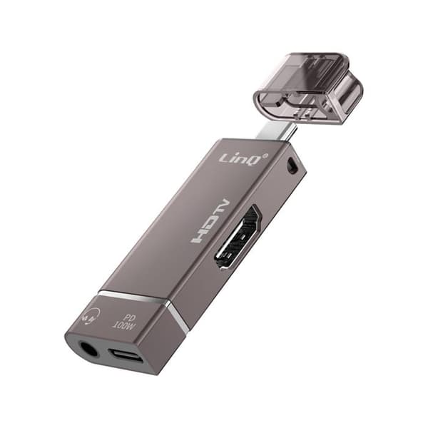 Mini Hub USB-C til HDMI 4K Jack 3.5mm og USB-C 100W LinQ Grå