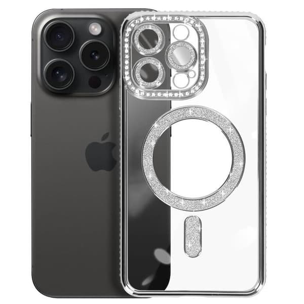 Cover - ADVOKER - iPhone 15 Pro Max - Strass Kant Sølv - Hård - Syntetisk Grå