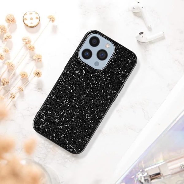 iPhone 13 Pro Max Case - Glitter Design - Rigid - Non-Slip Relief - Black - Trendy Svart