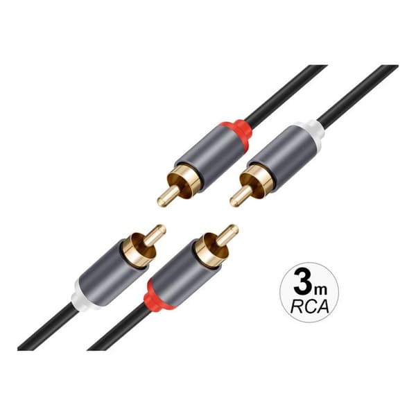 Audio Kabel 2 RCA til 2 RCA Dobbelt Skærmning med Forgyldte Stik 3m Sort