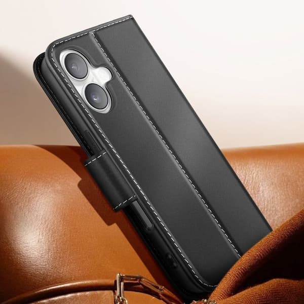 Premium Läder Plånboksfodral för iPhone 16 med Ställfunktion Svart Svart