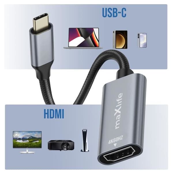 USB-C til HDMI Videoadapter - Maxlife - 4K - Kompakt Design - Lyd/Videotransmission - Grå