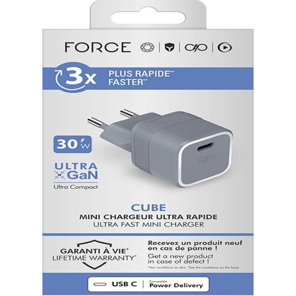 Laddare smartphone USB C Cube 30W Power Delivery UltraGaN Grå