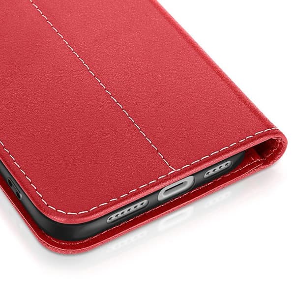 Premium läder plånboksbild för iPhone 16 Plus med stående funktion röd Röd
