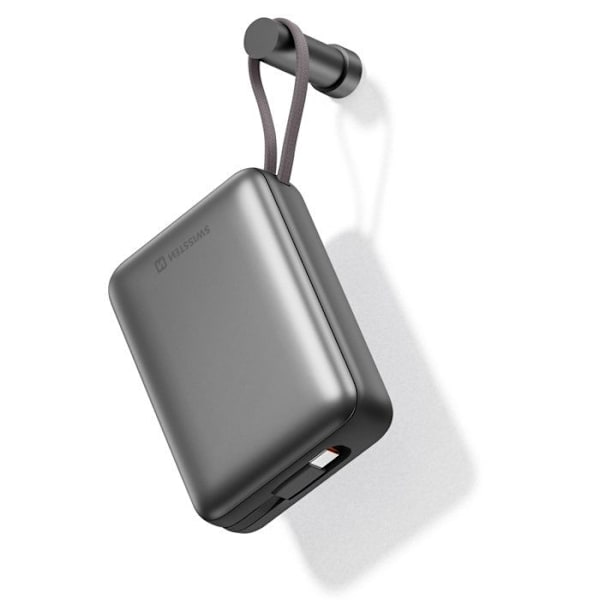 Batteri Ekstern 20000mAh med USB-C og Lightning Kabler, Kompakt Swissten Sølv Grå