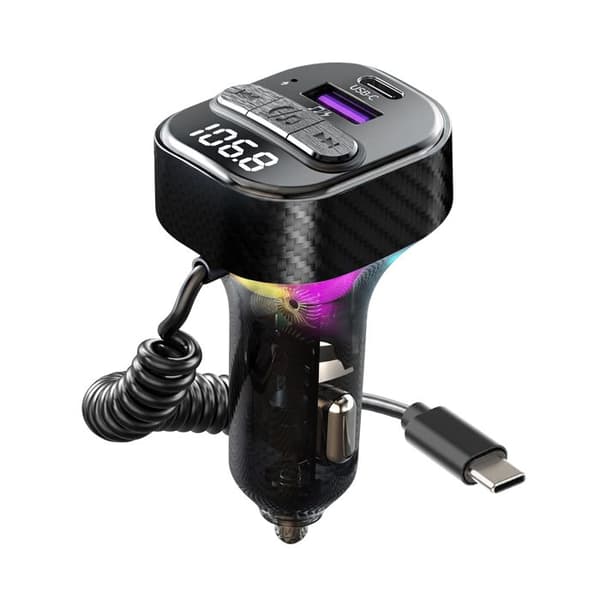 FM Bluetooth Cigaretlighter Transmitter med Spiral USB-C Kabel PD 30W LinQ Sort Svart