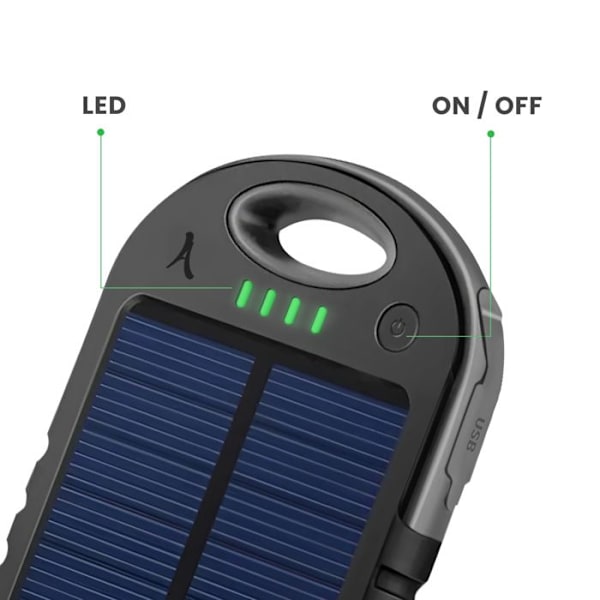 Akashi Musta 10000 mAh USB- ja USB C-vastinetta kestävää aurinkokäyttöistä varaa batteria. Svart