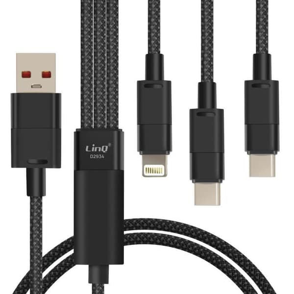 USB-C kabel til Lightning + 2 USB-C - LINQ - Hurtig opladning 60W - 1.2m - Sort Svart
