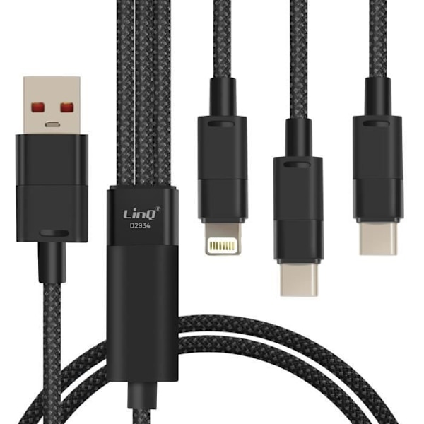 USB til Lightning + 2 USB-C kabel - LINQ - 60W hurtig opladning - Længde 1,2m - Sort Svart