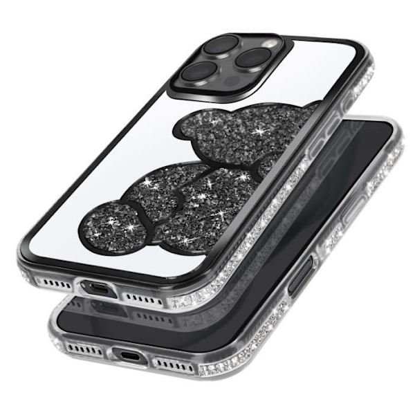 Fodral till iPhone 16 Pro Max - AVIZAR - Glitter Nalle - Glänsande strasskontur - Svart Svart