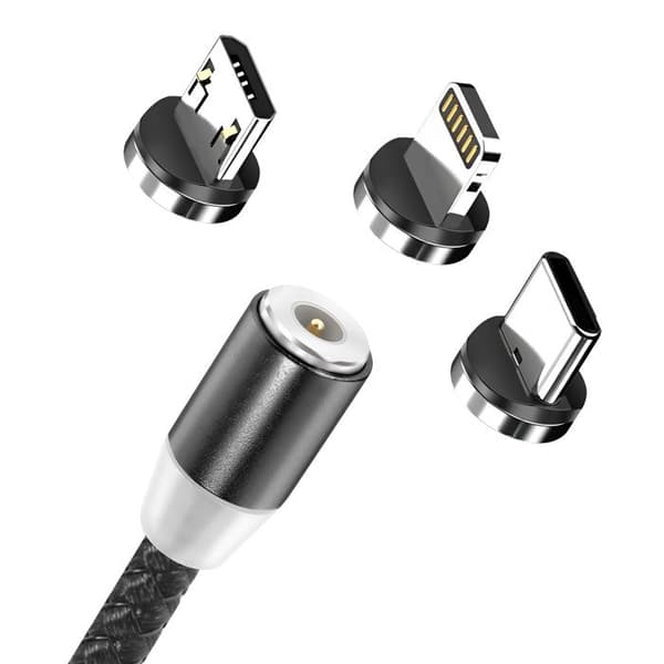 Magnetkabel 3-i-1 USB-C / Lightning / Micro-USB till USB-A 1m Svart