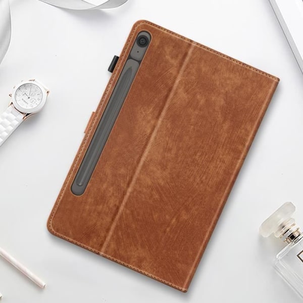 Cover til Samsung Galaxy Tab S9 og S9 FE - Brun - Kortlomme - Video Støtte - Stødabsorberende - Øko-læder kastanj