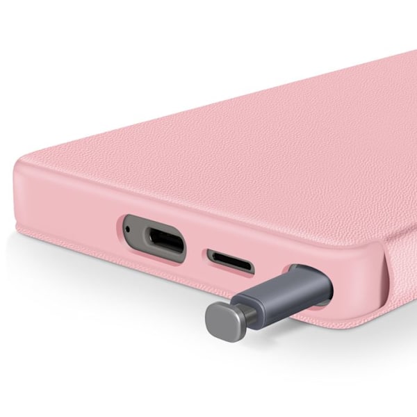 Nahkakotelo Galaxy S25 Ultra -näyttöikkunalla ja korttipaikalla, Vaaleanpunainen Rosa