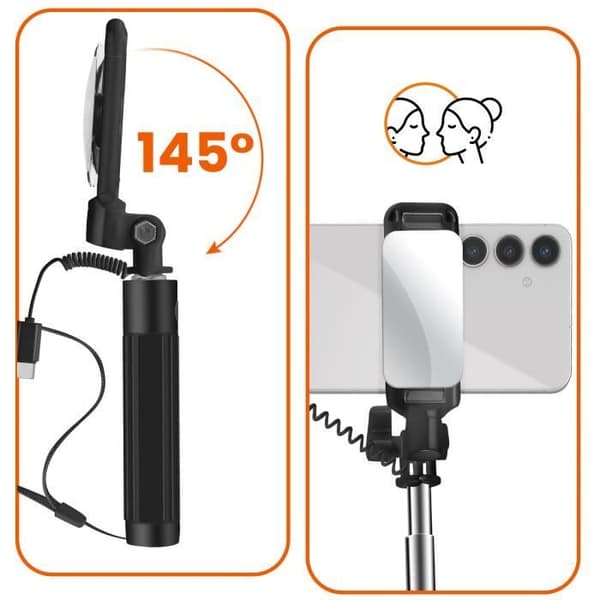 Perche à Selfie - LinQ - Miroir intégré - USB C - Bouton Déclencheur - Noir