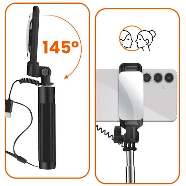 USB C Indbygget Spejl Selfie Stick med LinQ Trigger Button Sort