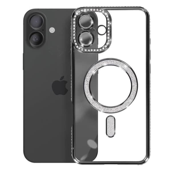 Coque - Diamant - iPhone 16 Plus - MagSafe-skydd - Strass-kontur - Elegant Svart
