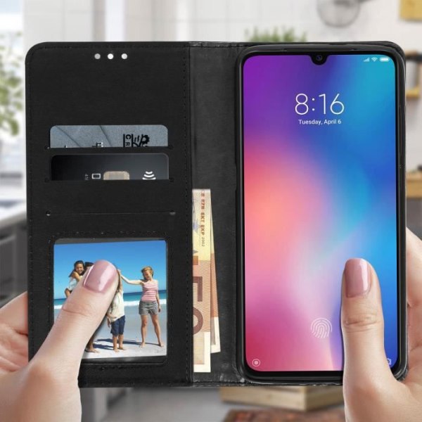 Hus - Xiaomi - Mi 9 - Slidt Effekt - 2 Kortlommer - Indbygget Støtte - Sort Svart
