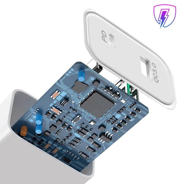 Oplader 38W Dobbelt USB-A QC 3.0 + USB-C PD Hurtigopladning Akashi hvid Vit