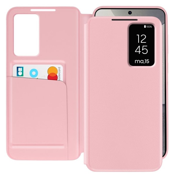 Etui i læder til Galaxy S25 og S24 med vindue til visning og kortlomme i rosa Rosa