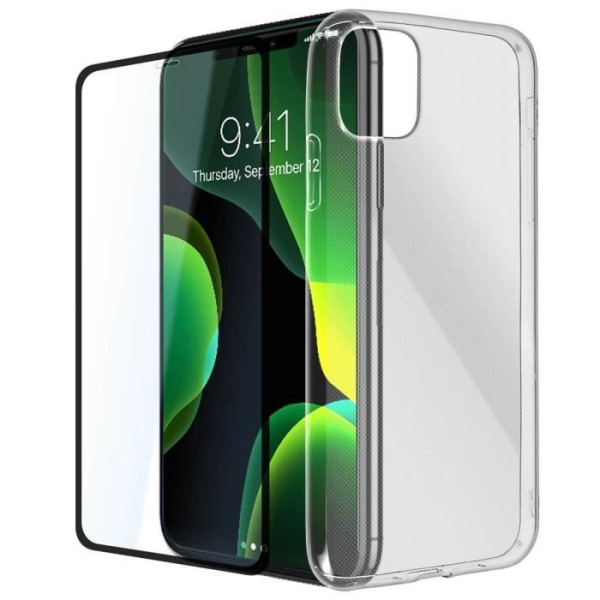 Beskyttelsespakke - AVIZAR - iPhone 11 - Blødt Silikone - 9H Hærdet Glas - Sort Kant Transparent, svart