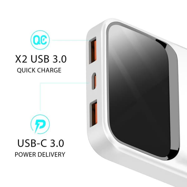 Batteri Extern 10000mAh 22.5W med USB-C + 2 USB LED-display Bwoo Vit Vit