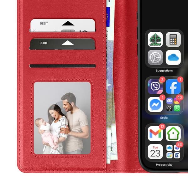 Premium läder plånboksfodral för iPhone 16 Pro Max med ställfunktion i röd Röd