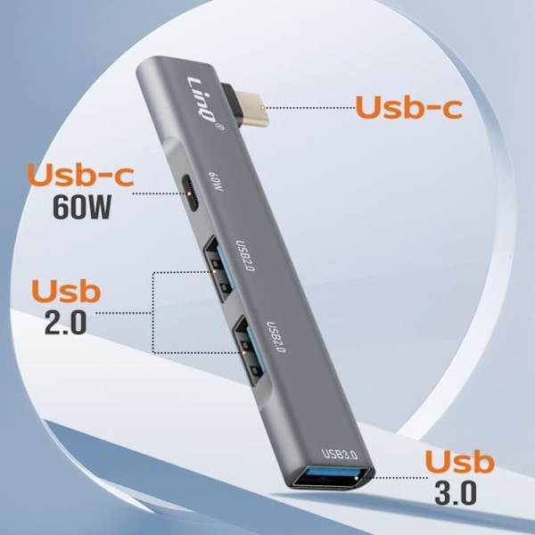 4 in 1 USB C -keskitin, 60 W USB C -lataus ja 3 USB 3.0- ja 2.0 -porttia LinQ Silver