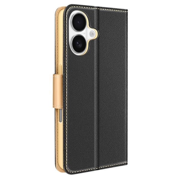 iPhone 16 Fodral Plånbok Saffiano Läder Fancy Svart / Guld Svart
