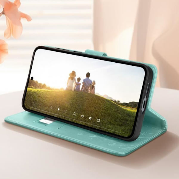 Fodral för Samsung Galaxy A55 Plånbok Flower Butterfly med handledsrem Turkos