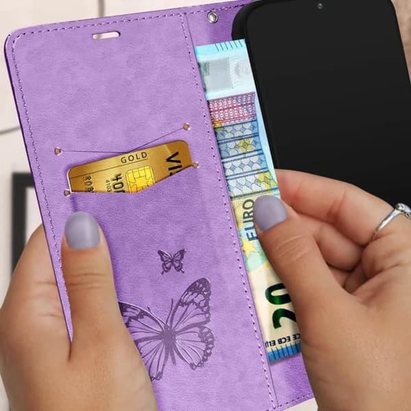 Etui til Galaxy A14 5G Butterfly Pattern Card Holder Video Support Håndledsrem Lilla Violett