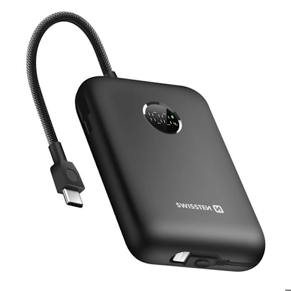 Eksternbatteri 20000mAh med indbyggede USB-C og Lightning kabler LED-skærm Swissten Sort Svart